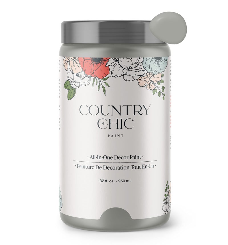 Country Chic Paint طلاء الطباشير الشامل بأسلوب ريفي للأثاث والخزائن وديكور المنزل، صديق للبيئة، لمسة نهائية غير لامعة، مع برايمر وطبقة علوية مدمجة للخشب والمعادن - شاطئ الحصى (رمادي) - ربع 32 أونصة (950 مل) - Image 1